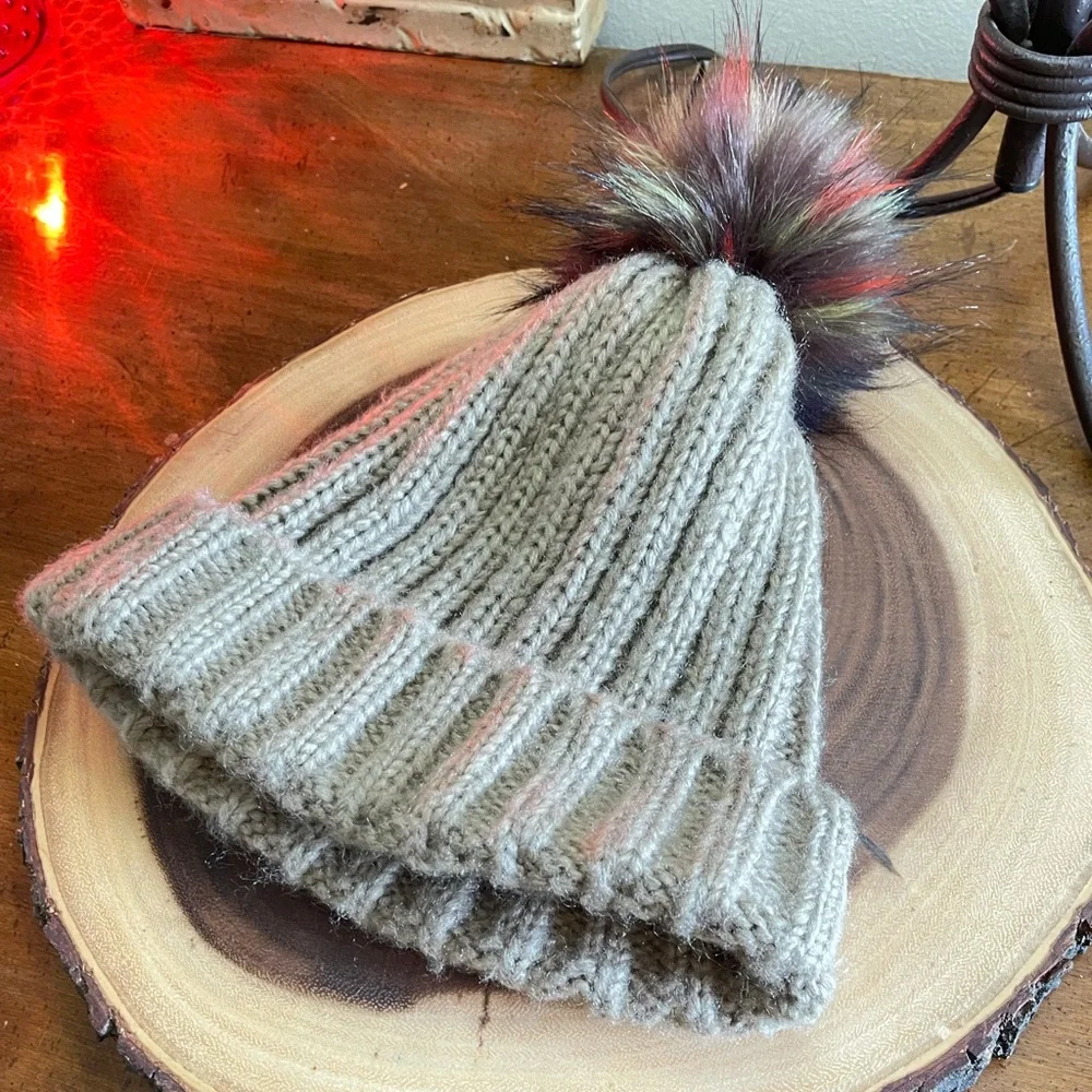 Hoodie cap hat with fuzzy ball, light brown red neon green & blue black ball fun - Picture 2 of 4